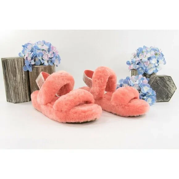 UGG Fluff Oh Yea Coral Bling Sheepskin Fur Slippers Slides Sandals Sz 6 NIB - Picture 2 of 9